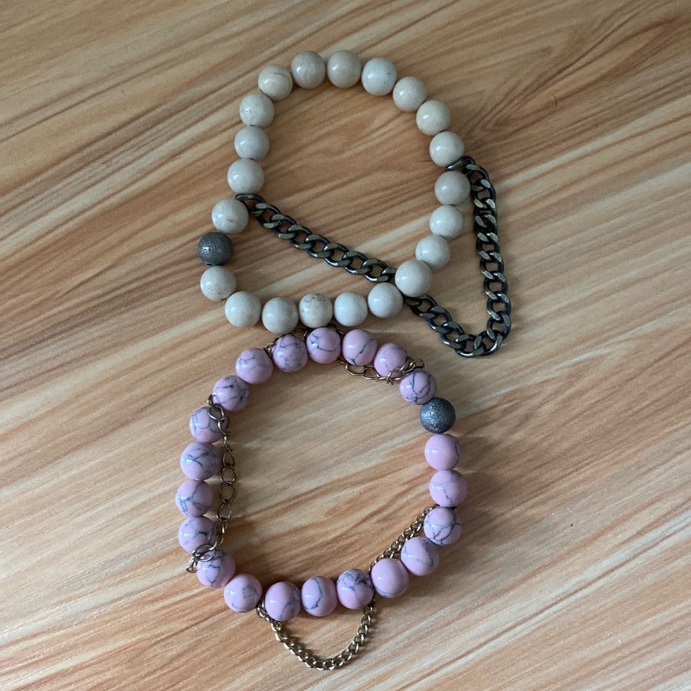 Pink and Off-White beaded chain bracelet set